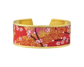 Brass and Japanese Fabric Cuff Bracelet With Cherry Blossoms