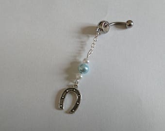 Belly bar, belly ring, something blue, lucky horseshoe, bridal jewellery, beach jewellery, dangle belly bar, gift for her, holiday jewellery