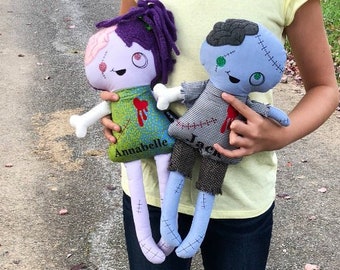 Cute zombie personalized stuffed animal, Embroidered name girl and boy dolls, zombie plushie, Soft cloth doll