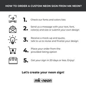 Puede incluir: Un infogr&aacute;fico en blanco y negro con cinco pasos sobre c&oacute;mo pedir un letrero de ne&oacute;n personalizado a MK Neon. Los pasos se ilustran con iconos: un l&aacute;piz, un sobre, una bombilla, un carrito de compras y una caja. El texto incluye la frase "&iexcl;Creemos tu letrero de ne&oacute;n!" y el logotipo "mk+neon".