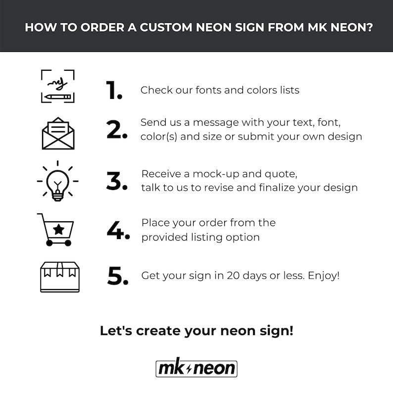 Puede incluir: Un infogr&aacute;fico en blanco y negro con cinco pasos sobre c&oacute;mo pedir un letrero de ne&oacute;n personalizado a MK Neon. Los pasos se ilustran con iconos: un l&aacute;piz, un sobre, una bombilla, un carrito de compras y una caja. El texto incluye la frase "&iexcl;Creemos tu letrero de ne&oacute;n!" y el logotipo "mk+neon".