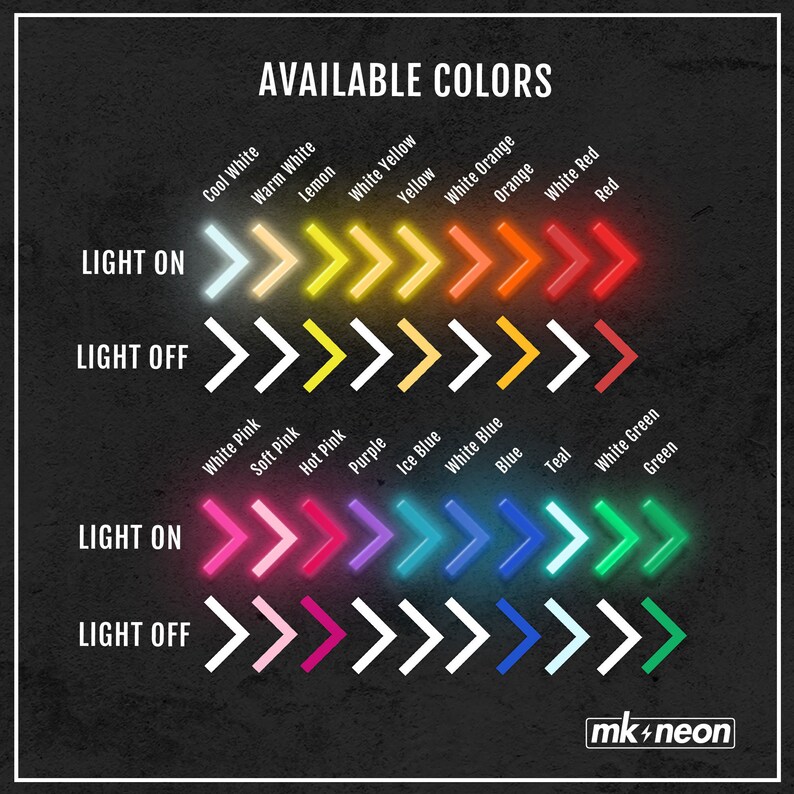 Puede incluir: Un gr&aacute;fico que muestra los diferentes colores disponibles para los letreros de ne&oacute;n, con ejemplos de cada color encendido y apagado. Los colores incluyen blanco fr&iacute;o, blanco c&aacute;lido, lim&oacute;n, amarillo blanco, amarillo, naranja blanco, naranja, rojo blanco, rojo, rosa blanco, rosa suave, rosa intenso, morado, azul hielo, azul blanco, azul, turquesa, verde blanco y verde. El gr&aacute;fico tambi&eacute;n incluye el texto "AVAILABLE COLORS" y "mk+neon".