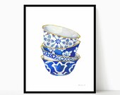 Chinoiserie Print Blue and White Porcelain Bowls Print Watercolor Chinoiserie Art Chinese Bowl Asian Decor Kitchen Art Print Wall Art