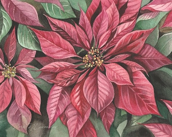 ポインセチアの絵画 クリスマスの花 水彩画 花のアートプリント 赤い