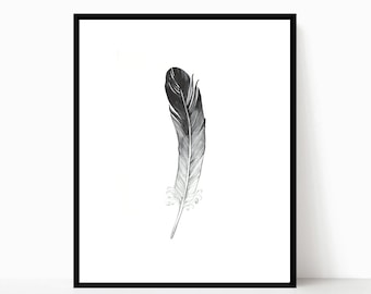 Feather Print Feather Watercolor Black and White Drawing Feather Art Print Wall Art Feather Wall Decor