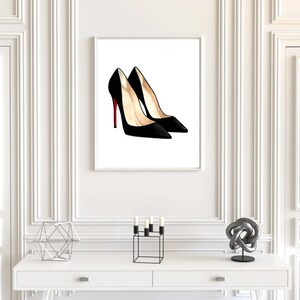 May include: A printable art print featuring a pair of black high-heeled shoes with red soles.