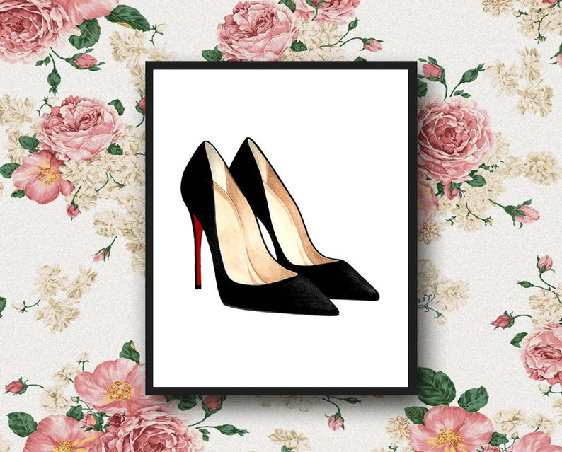 May include: A framed illustration of two black high-heeled shoes with red soles.
