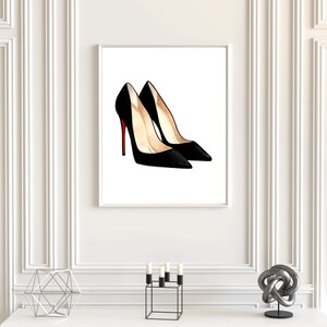 May include: A pair of black high-heeled shoes with red soles. The shoes are pointed-toe and have a stiletto heel.