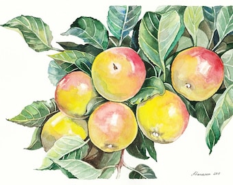 Äpfel Aquarell Obst Malerei ORIGINAL Aquarell Äpfel Auf Baum Originale Malerei, Küche Wand Kunst Früchte Aquarell Weihnachtsgeschenk