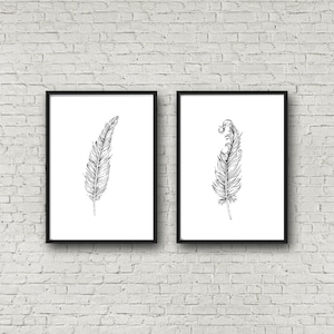 Feather Art Print Set of 2 Feather illustration Feather Prints Black and White Wall Art Prints Feather Wall Art Set of Prints
