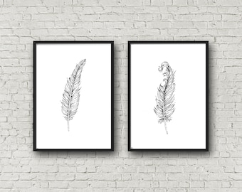Feather Art Print Set of 2 Feather illustration Feather Prints Black and White Wall Art Prints Feather Wall Art Set of Prints