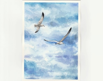 Seagulls Watercolor, Seagulls Painting, Clouds Watercolor, Original Painting, Nautical Art, Sky Painting, Birds Watercolor, Seagulls Artwork