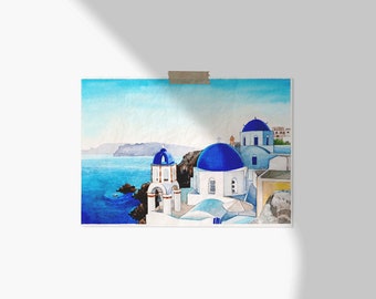 Santorini Painting, Santorini Oia Watercolor, Santorini Art, Watercolor Print, Greece Watercolor, Santorini Print, Traveler Painting