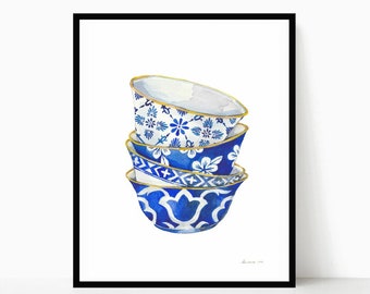 Chinoiserie Print Blue and White Porcelain Bowls Print Watercolor Chinoiserie Art Chinese Bowl Asian Decor Kitchen Art Print Wall Art