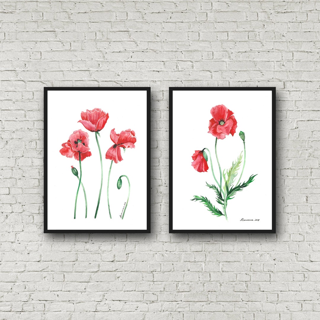 Poppy Print Wall Art Print Set of 2 Watercolor Flowers Red Poppies ...