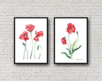 Poppy Print Wall Art Print Set of 2 Watercolor Flowers Red Poppies Print Botanical Print Poppy Flowers Red Poppy Wall Art Poppy Watercolor