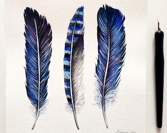 Feder Aquarell Malerei Blaue Federn Kunstwerk Original Gemälde Feder Wand Kunst Feder Wand-Dekor Kinderzimmer Kunst Junge Zimmer Dekor