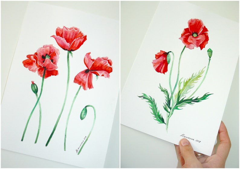 Poppy Print Wall Art Print Set of 2 Watercolor Flowers Red Poppies ...