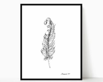Feather Print Black and White Feather Ink Illustration Wall Art Print Feather Wall Art Black and White Prints Feather Poster Home Decor