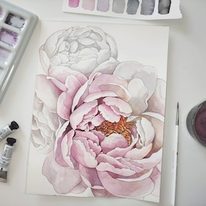 K&ouml;nnte beinhalten: Ein Aquarellbild von rosa und wei&szlig;en Pfingstrosen. Die Bl&uuml;ten sind in voller Bl&uuml;te und haben ein zartes, geschichtetes Aussehen. Das Bild ist in einem realistischen Stil gemalt und f&auml;ngt die Sch&ouml;nheit der Blumen ein.