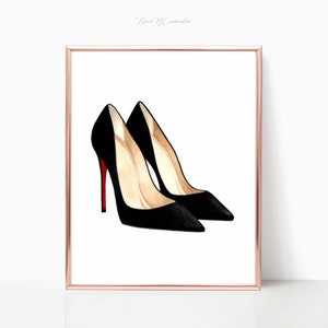 May include: A pair of black high-heeled shoes with red soles. The shoes are drawn in a watercolor style and are set against a white background.