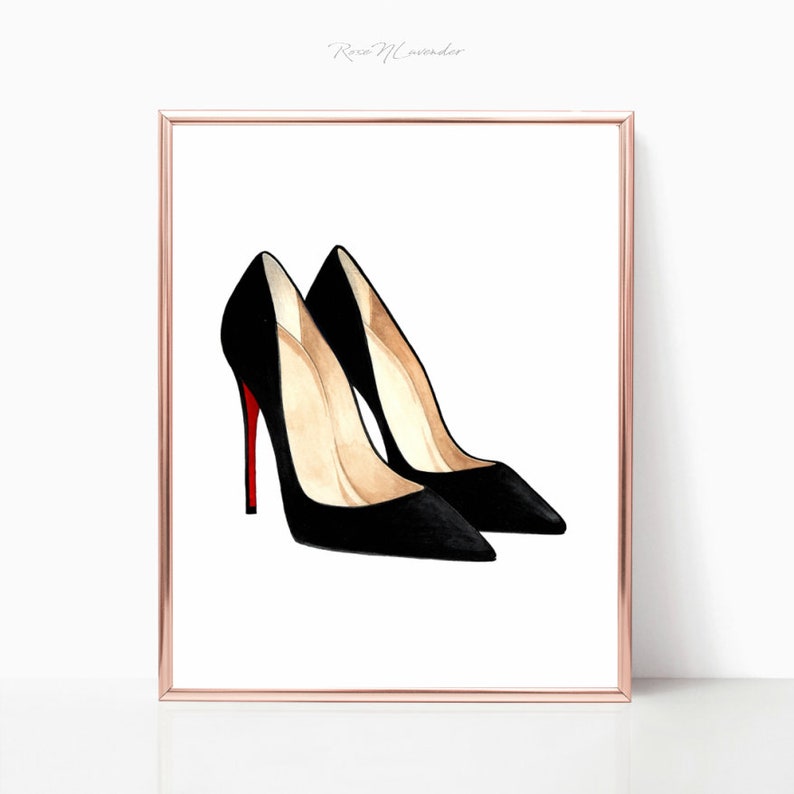 May include: A pair of black high-heeled shoes with red soles. The shoes are drawn in a watercolor style and are set against a white background.