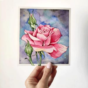 バラの絵 水彩画 オリジナル ピンクの花 植物のアートワーク 小さな絵画 花の水彩画 バラの水彩画 バラの壁アート ピンクのバラ
