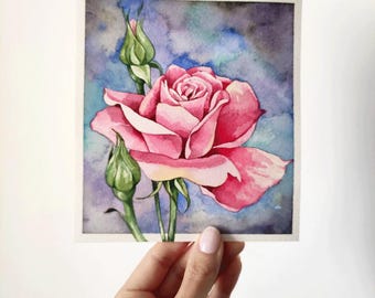 ピンクのバラのオリジナル水彩画、つぼみのあるバラの壁アート、バラの