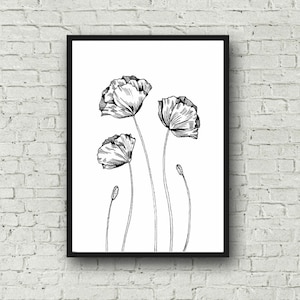 Poppy Print, Flower Print, Ink Illustration, Flowers Painting, Botanical Print, Black and White Print, Poppies Print, Poppies Wall Art