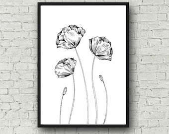 Poppy Print, Flower Print, Ink Illustration, Flowers Painting, Botanical Print, Black and White Print, Poppies Print, Poppies Wall Art