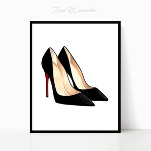 May include: A pair of black high-heeled shoes with red soles. The shoes are drawn in a simple, minimalist style.