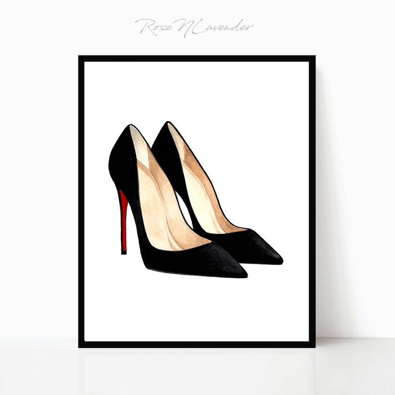 May include: A pair of black high-heeled shoes with red soles. The shoes are drawn in a simple, minimalist style.