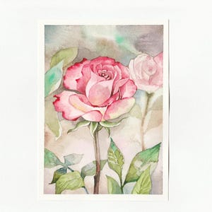 バラの水彩画 ピンクのバラの絵画 オリジナル水彩画 花 水彩画 花の絵画 バラのアートワーク バラのアート 壁飾り 小さな絵画