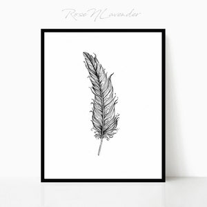 May include: A black and white line drawing of a single feather with detailed lines and a simple background.