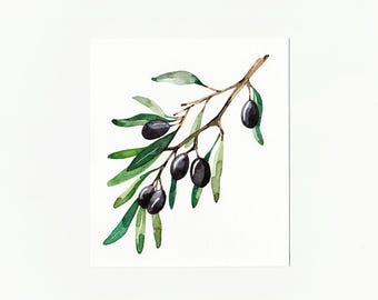 Oliven Zweig Malerei ORIGINAL Oliven Aquarell Original Aquarell Botanische Blatt Aquarell Olivenblätter Wand Küche kleine Kunst