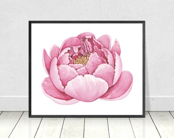 Watercolor Peony, Peony Print, Flower Wall Art, Flower Art Print, Botanical Print, Pink Poeny, Watercolor Flower, Digital Print
