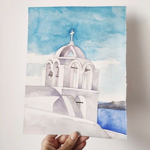 Santorini Church, Original Painting, Santorini Watercolor, Santorini Oia, Painting, Greece Watercolor, Santorini Wall Art, Traveler Painting
