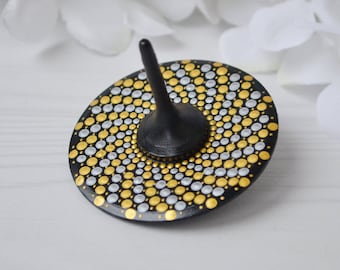 Wooden Spinning Top ,Hand painted spin tops, Meditation toy, Gold Silver mandala art spinner, Spin top toy, Women office decor