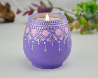 Lavender Tealight Holder – Hand Painted Wooden Candle Cup – Silver Dot Mandala Decor – Fairycore Boho Room Accent - Dotted candle gift