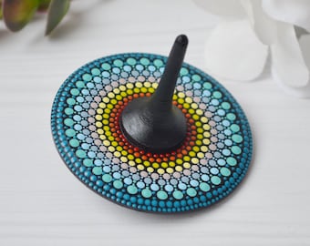 Turquoise Wooden Spinning Top - Meditation hand painted Mandala art - Zen gift - Spin top toy - Turquoise Playroom decor