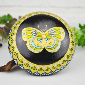 Blue Yellow Butterfly painted stone, Butterfly painted large pebble, Butterfly paperweight, Mother’s Day Gifts, Hand Painted Rocks