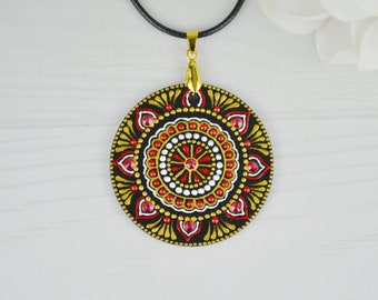 Gold-Red Dots Mandala Wooden Women Necklace Pendant, Hand painted pendant, Boho wood necklace for Women