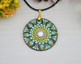 Necklace Chakra colours Unique Mandala designs Handpainted wood slice pendant Three wood slice layers Quirky Wooden Birthday gift.