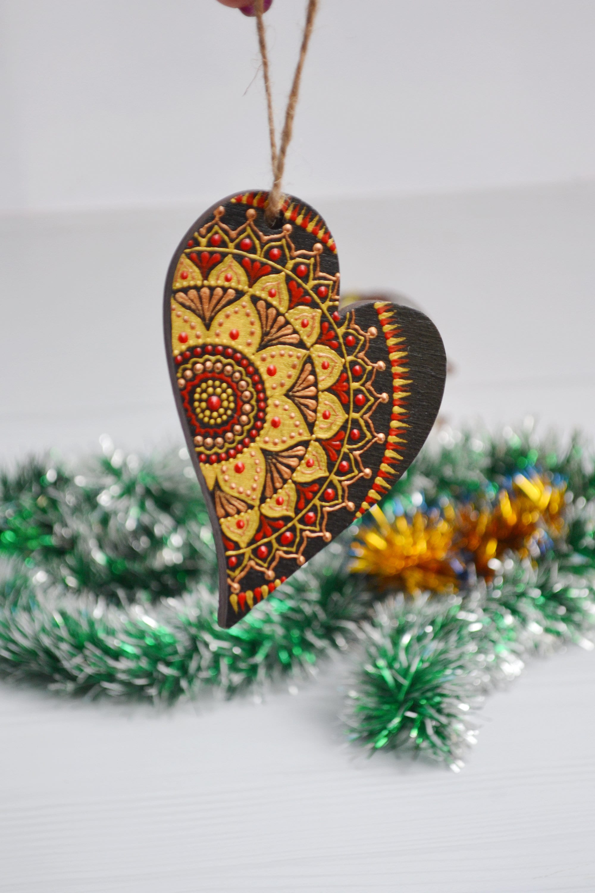 Christmas Wood Heart Ornament with Dotted Mandala Painted Etsy