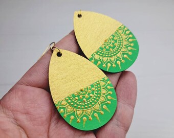 Golden Green Hand Painted Mandala Wooden Tear Drops Earrings ,  hand painted jewelry , large colored earrings lightweight, Ukrainian jewelry