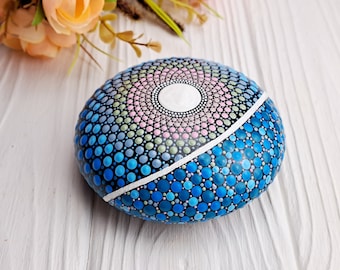 Blue Mandala stone, Painted rock, Paperweight, Dot painting, Dot art, Artificial stone, Home decoration , Bohemian Yoga Meditation