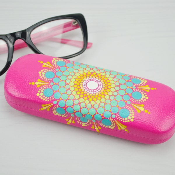 Pink hard glasses case with hand painted turquoise mandala, Gift for girl eyeglasses case, Reading glasses case, Gift for Nana