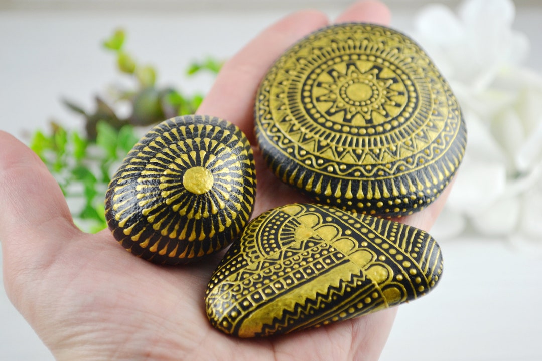 Painted Rocks With Ethnic Pattern Set of 3, Mandala Stone, Pebble Art ...