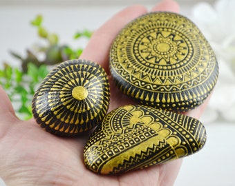 Painted Rocks with Ethnic Pattern Set of 3, Mandala Stone, Pebble Art, Decorative Garden Stones, Meditation Art, Aboriginal Art