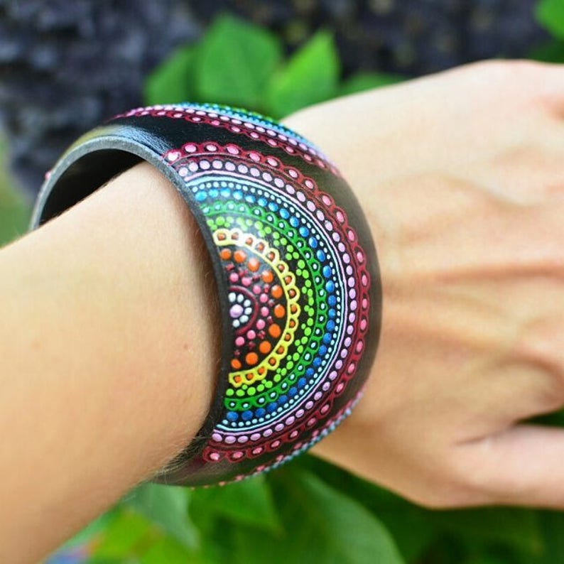 Wooden Bracelet Wide Hand Painted Mandala Image 0